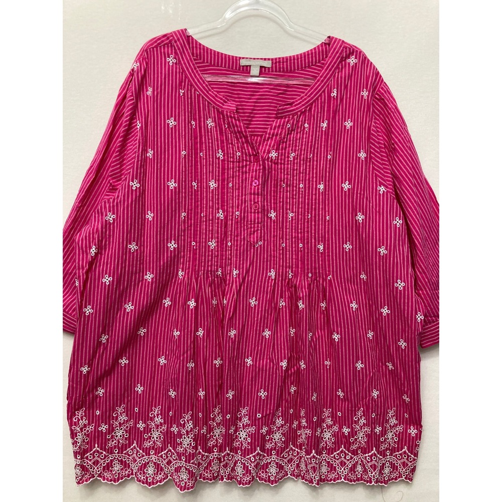 Woman Within Tunic 3X or 30/32 Pink Striped Eyelet Embroidered Pintuck Cotton
